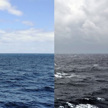 Sea and sky horizon during summer and winter. Ocean seascape seasons concept.