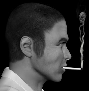 Man smoking a cigarette with skull forming through the smoke. 3d illustration.