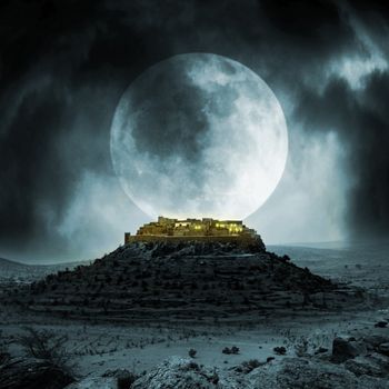 Fantasy stronghold on a hill with full moon