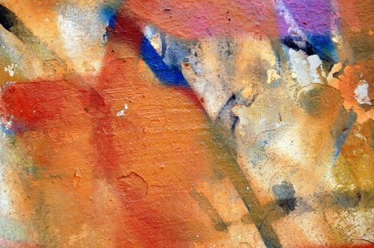 Textured old wall covered with paint stains and messy graffiti. Abstract background.