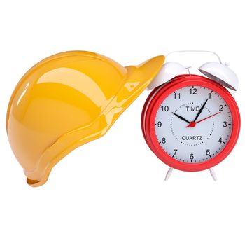 Red alarm and yellow helmet. Isolated render on a white background