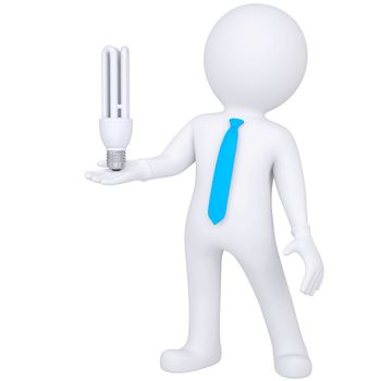 3d white man holding a light bulb. Isolated render on a white background