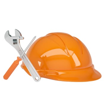 Helmet, wrench and a screwdriver. Isolated render on a white background