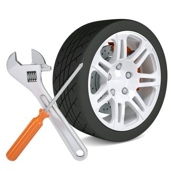 Wheel, wrench and a screwdriver. Isolated render on a white background