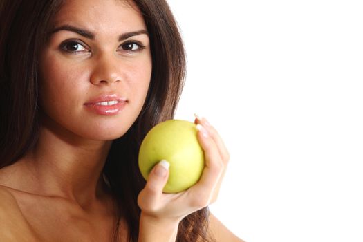 woman hold apple in hands isolated on white