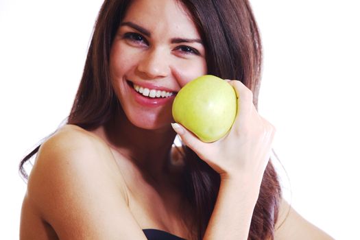 woman hold apple in hands isolated on white