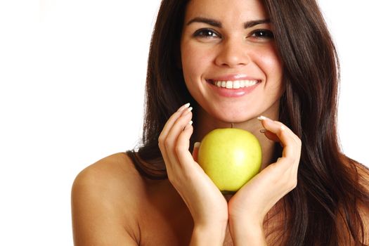 woman hold apple in hands isolated on white