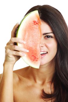  woman hold watermelon in hands isolated on white