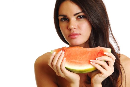  woman hold watermelon in hands isolated on white