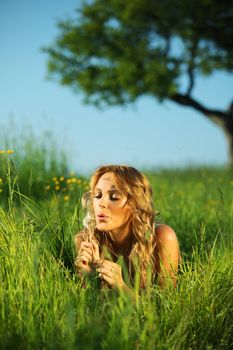  woman blow on dandelion on green field under tree