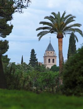 Church in Alhambra palace seen from Alhambra gardens
