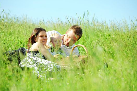  happy family on picnic in green grass