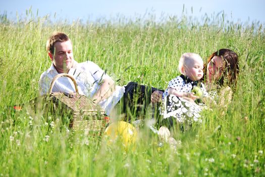  happy family on picnic in green grass