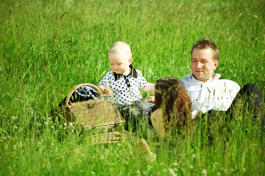  happy family on picnic in green grass