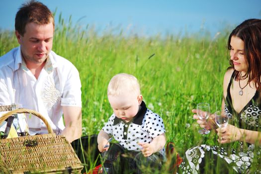  happy family on picnic in green grass