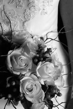 Black and White image of bride and her bouquet