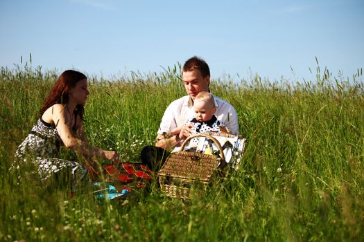  happy family on picnic in green grass