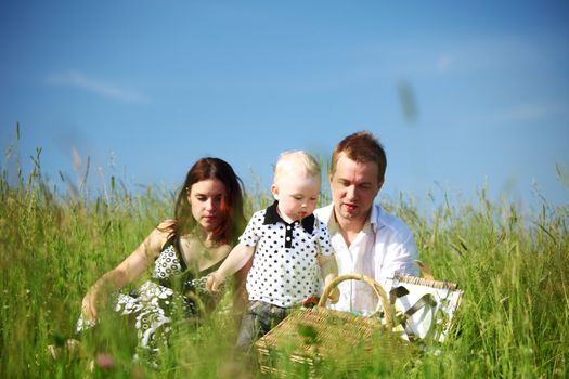  happy family on picnic in green grass