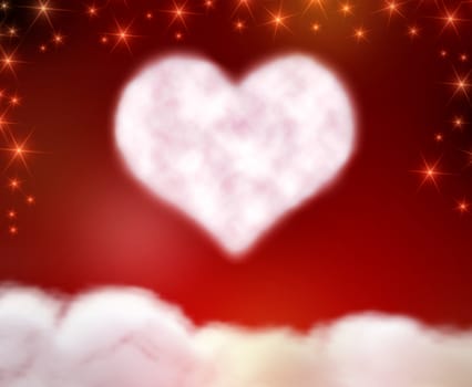 heart with stars and lights over red background with clouds