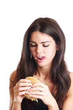 woman eat burger isolated on white background