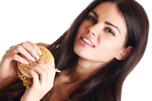 woman eat burger isolated on white background