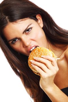 woman eat burger isolated on white background