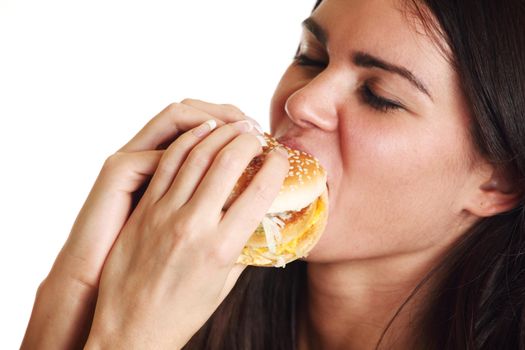 woman eat burger isolated on white background