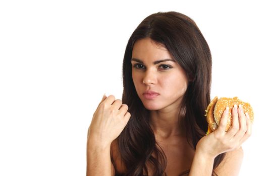 woman eat burger isolated on white background