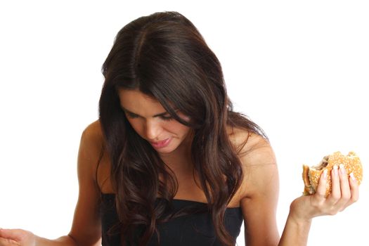 woman eat burger isolated on white background