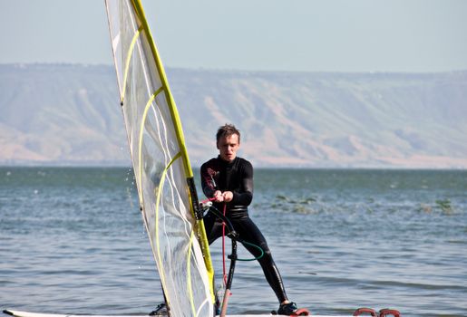 Windsurfing on Lake Kinneret. Spring. Israel.