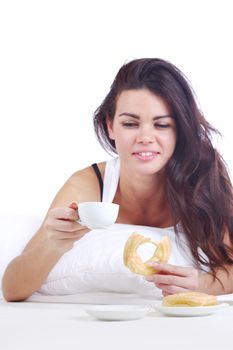 woman wake and see morning coffee