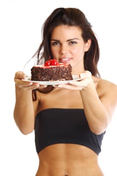 woman hold cake in hands isolated on white