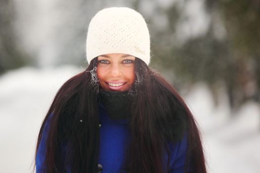 winter women close up portrait in frost forest