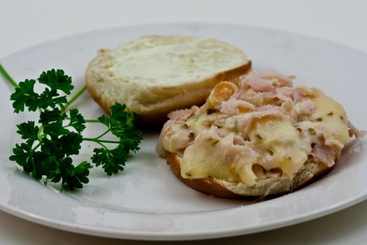 Open faced chicken sandwich on a bunn with a sprig of parsely.