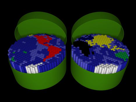 Two plastic tube with markers, packed in a map of the Earth hemispheres