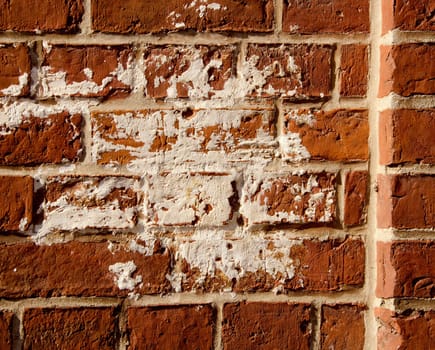 Vintage dirty red brick wall background closeup backdrop. Architecture details.