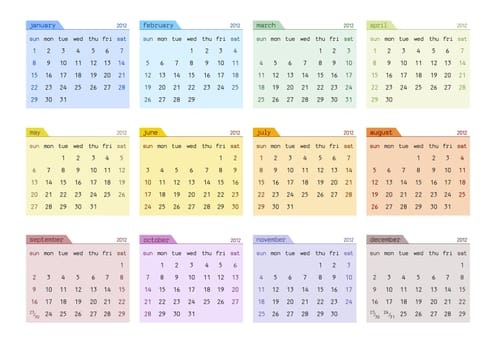 2012 Vector Calendar in 12 Twelve Colors (starts on Sunday)