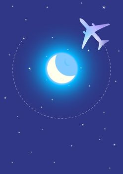 Bitmap Illustration of Airplane on Flight Path Around The Moon