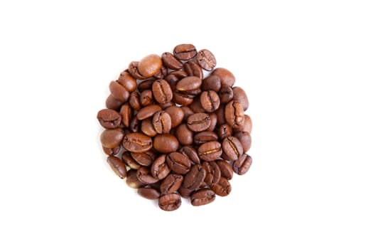 Coffee beans in a circular shape, isolated on white background.