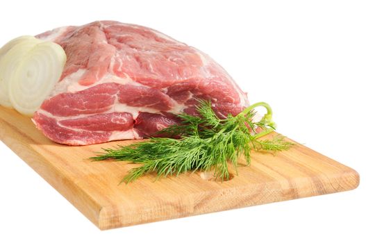 Piece of pork for roasting on a wooden board. Isolated on white.