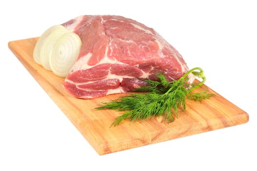 Piece of pork for roasting on a wooden board. Isolated on white.