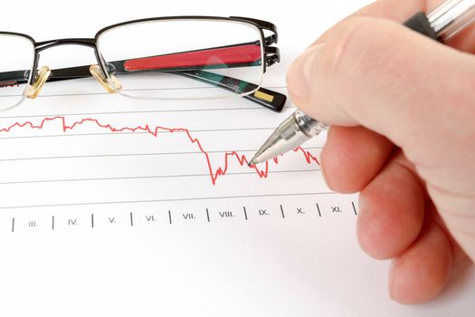 men analyzing business graph with glasses in the background, business collage