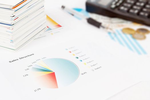 calculator, charts, pen, business cards, workplace businessman, business collage