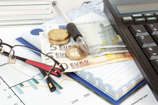 calculator, charts, pen, glass, money, notes,workplace businessman, business collage