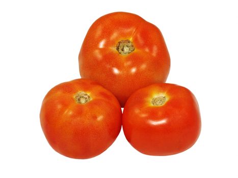 Three fresh tomatoes isolated on a white background.