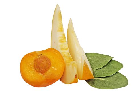 Peach and melon slices isolated on a white background.