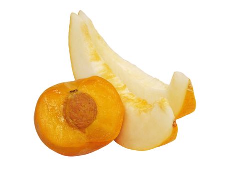 Fresh peach and sliced melon isolated on a white background.