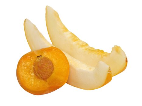 Fresh peach and slices of  melon isolated on a white background.