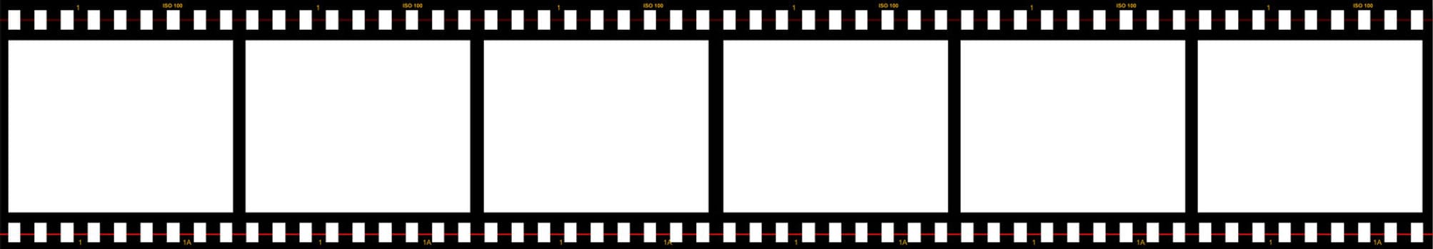 Six blank frames of film in series. The film edge also reads "ISO 100".