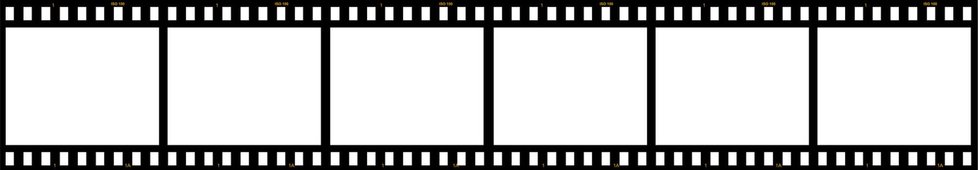 Six blank frames of film in series. The film edge also reads "ISO 100".